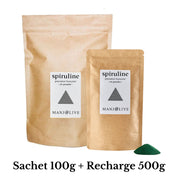 sachet de 100g et 500g de spiruline en poudre