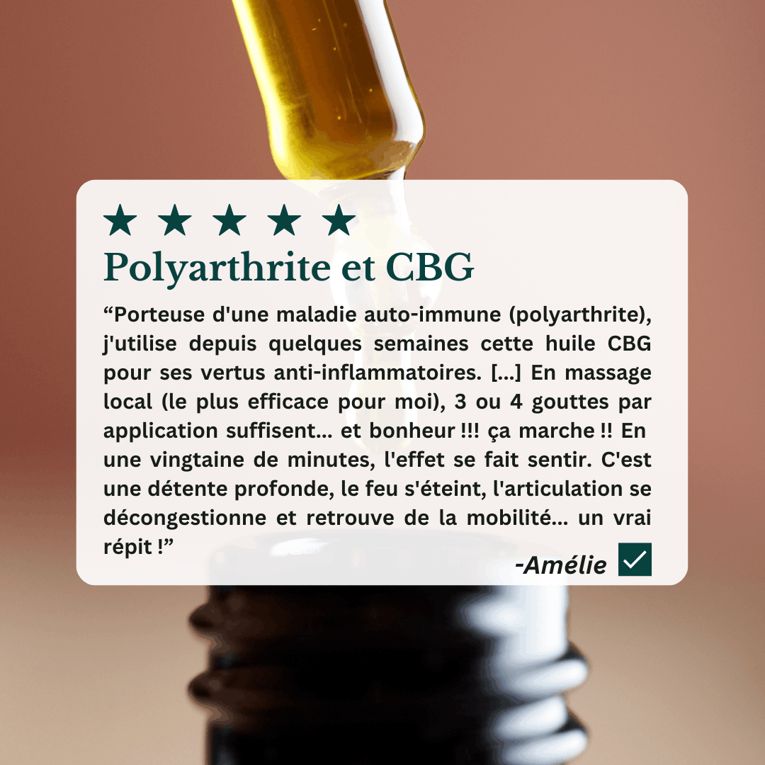 Avis sur l'huile CBG de Manjolive expliquant les bienfaits du CBG sur les douleurs liées à la polyarthrite